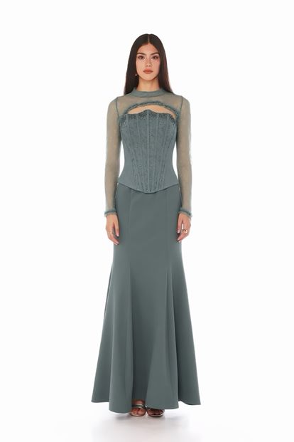 Mint Korse Detaylı Dantel Görünümlü Abiye Elbise